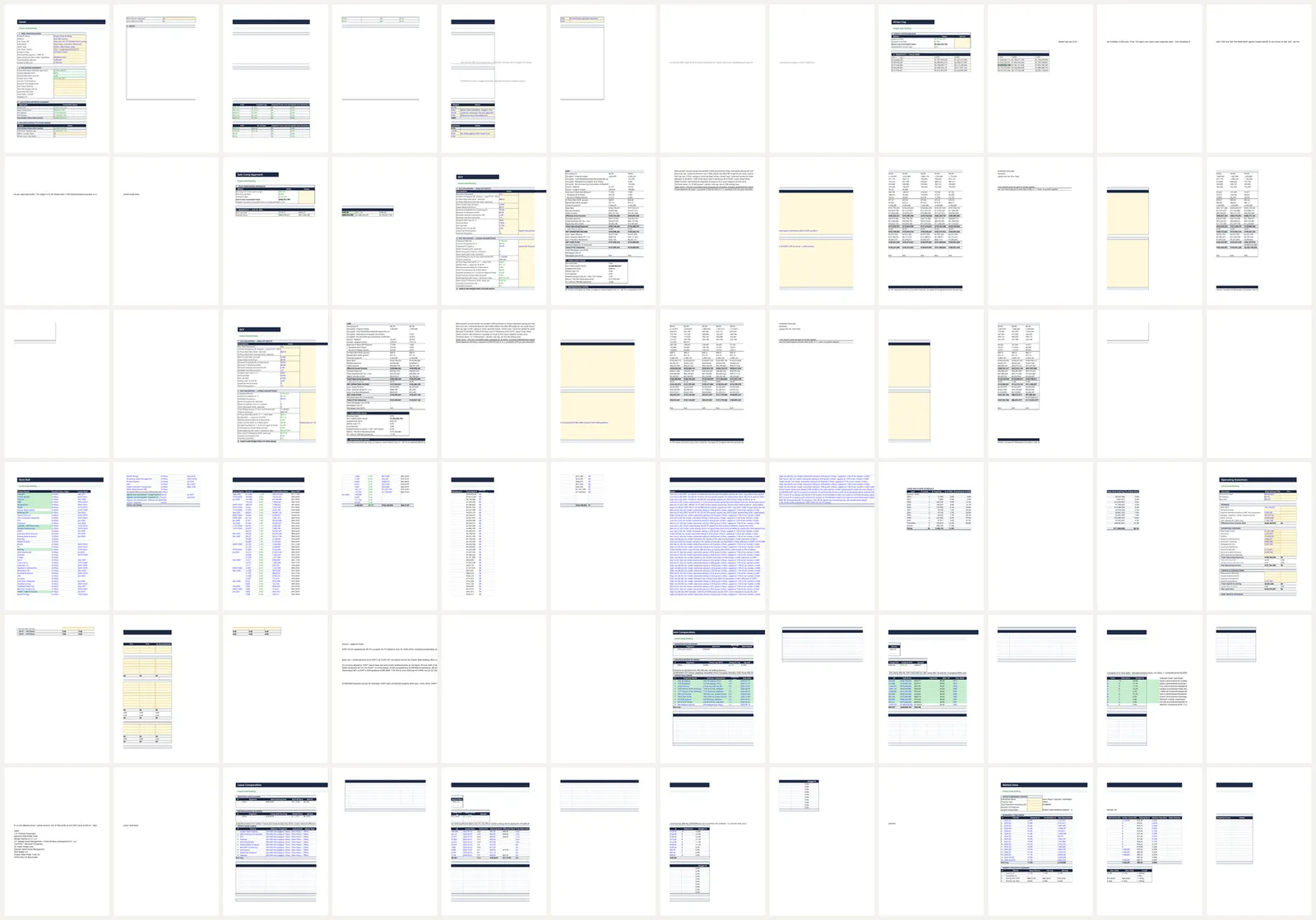 All 72 printed pages of the Empire State Building workbook as a contact sheet: 11 sheets, from the summary cover to the market data, each page a small tile.