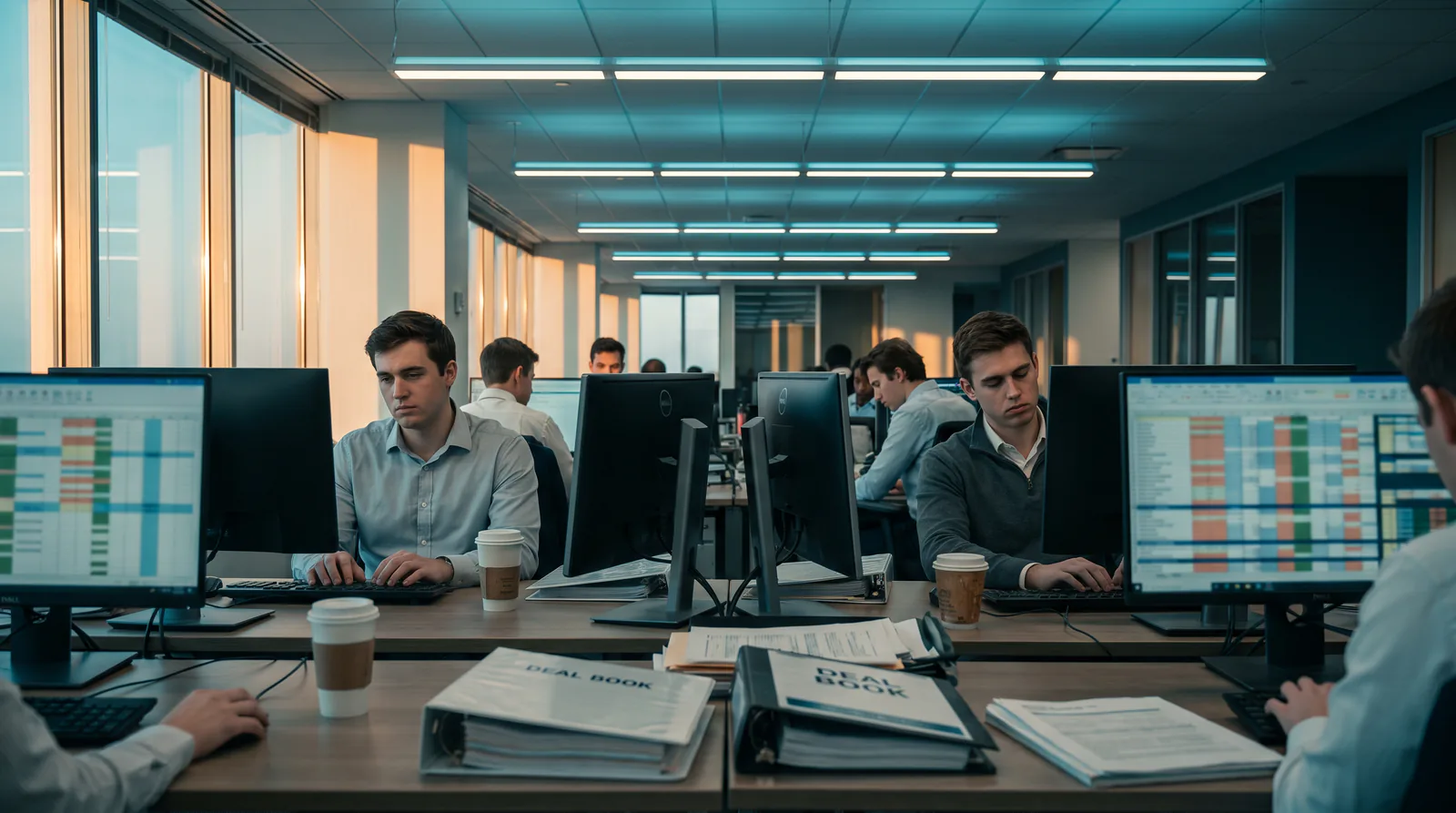 An analyst bullpen at dusk: rows of desks, every monitor showing a spreadsheet, deal book binders and coffee cups on the desks.