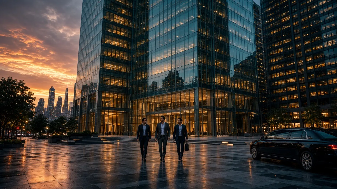 Three dealmakers walk out of a glass tower at dusk, a car waiting at the kerb.