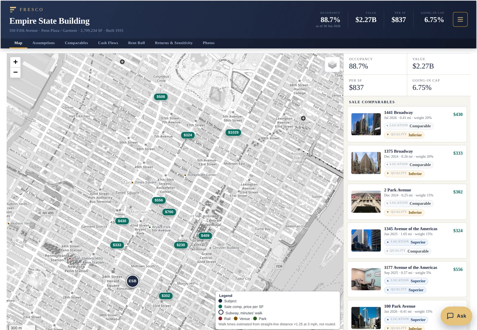 Map tab of the Empire State Building page: the navy masthead with four stats, then a street map of Midtown Manhattan with the subject pinned as ESB, ten sale comps pinned at price per square foot, walk rings and a legend for subway stops, and a rail on the right with the four stats and the sale comparables as cards with cover photos.