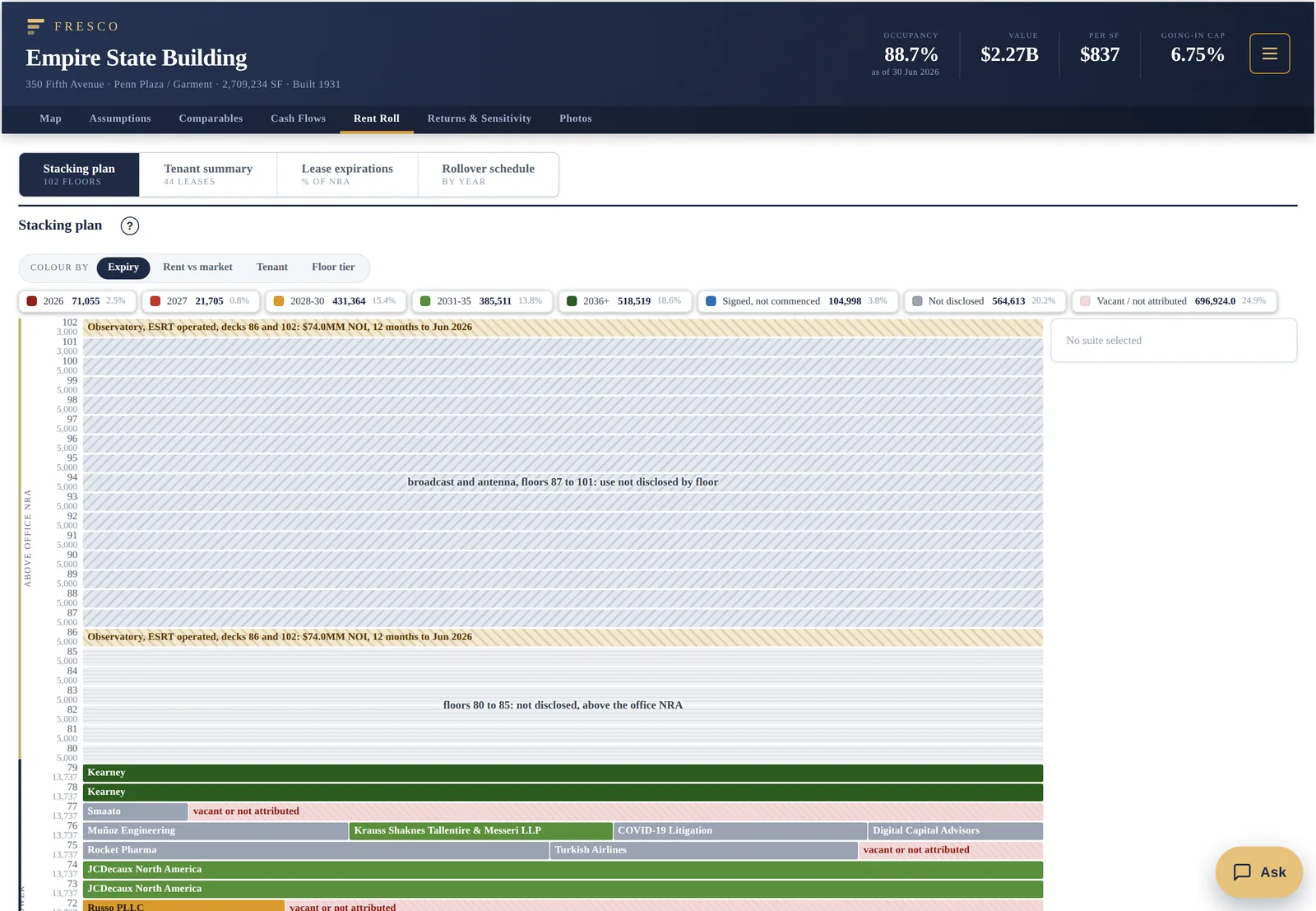 Rent Roll tab, open on its Stacking plan subtab of four: the colour-by switch, the legend bands, and the building floor by floor from 102 down, coloured by lease expiry.