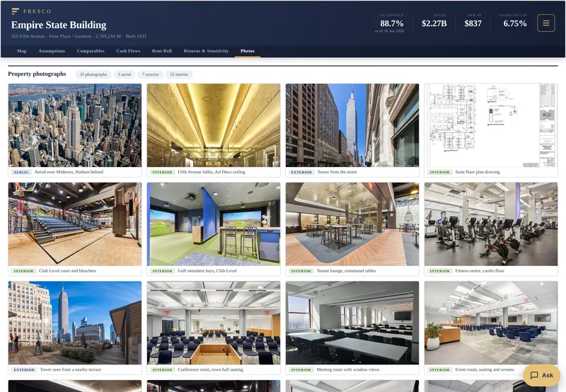 Photos tab: property photographs of the Empire State Building with descriptive captions, categorized as exterior, interior, aerial, and site views.